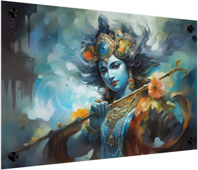 Ethereal Lord Krishna Painterly Portrait wall art print — acrylic preview | PrintPosters.in